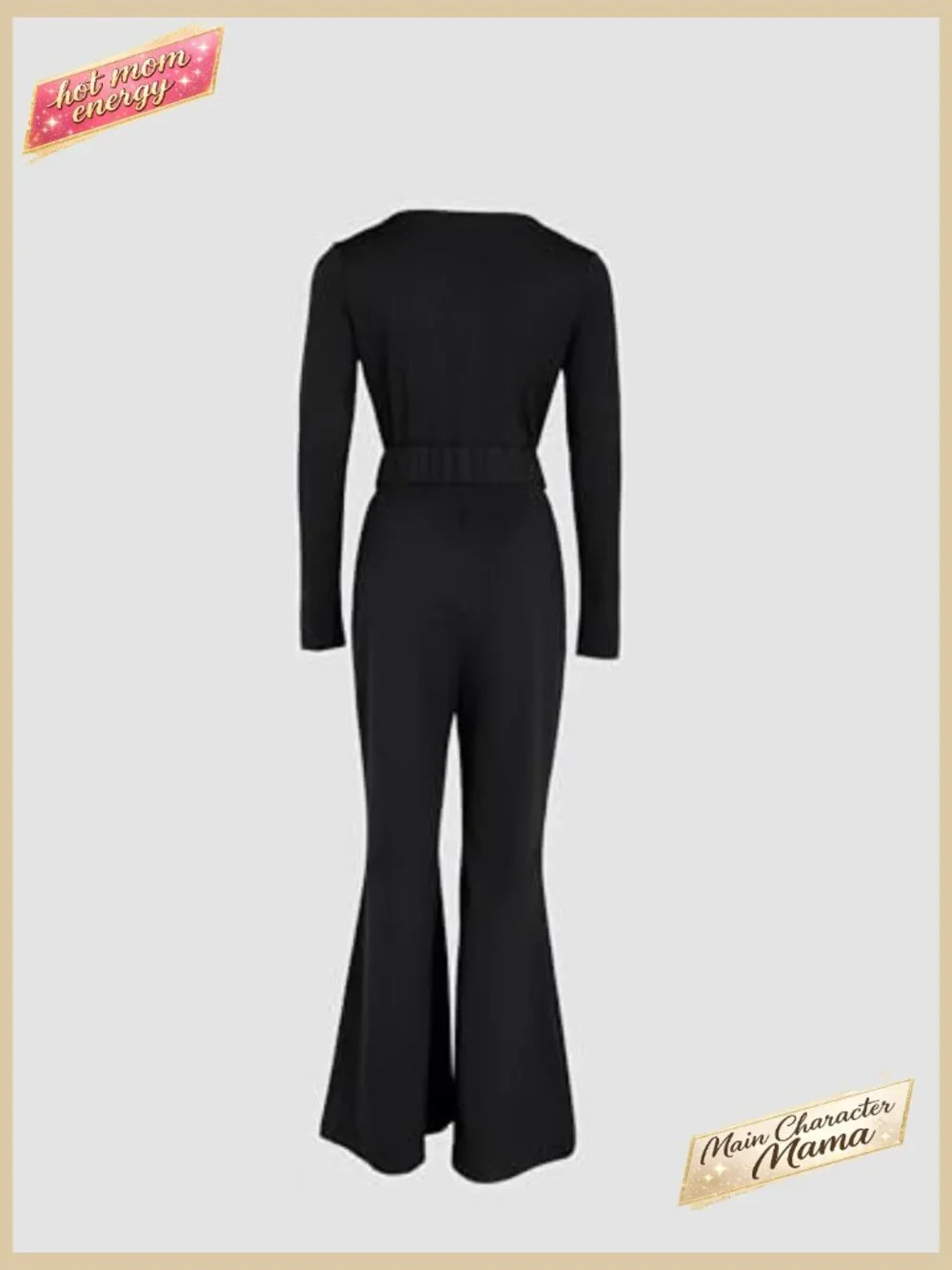 Long Sleeve U-Neck Zipper Front Jumpsuit with Belt Flared Pants - Picture 6 of 7